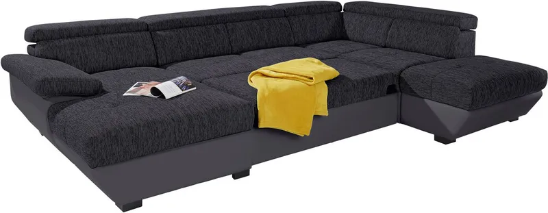 COTTA Wohnlandschaft Speedway U-Form, mit Kopfteilverstellung, wahlweise mit Schlaffunktion & Bettkasten, Schwarz, – Produktbild 2 von 5