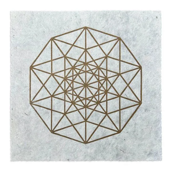 Veskor Cassiopeia Veskor Cassiopeia PENTERAKT HYPERCUBE Heilige Geometrie Linoldruck | 22 × 22 cm | Gold auf Naturweiß – Produktbild 1 von 4