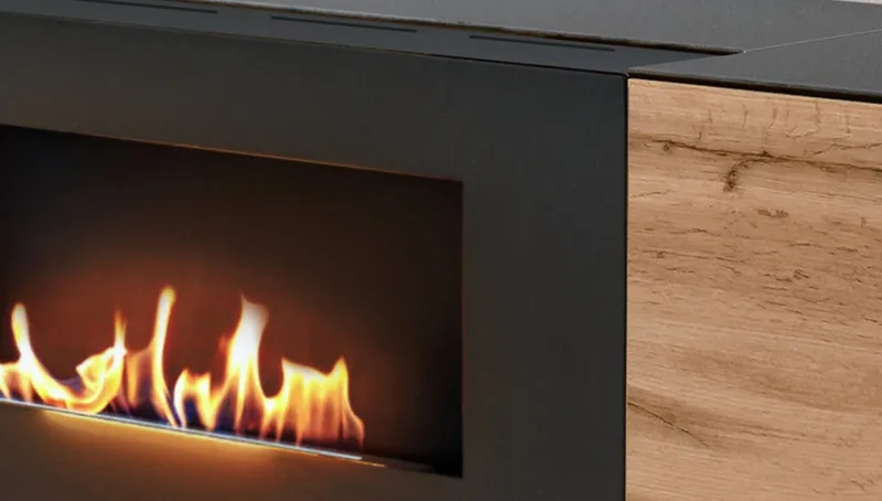 Furn.Design TV-Board Heritage (TV Lowboard in Wotan Eiche mit Schwarz, 2-türig, 150 x 47 cm), Push-To-Open-Funktion und integrierter Kamin, Beige, – Produktbild 4 von 5