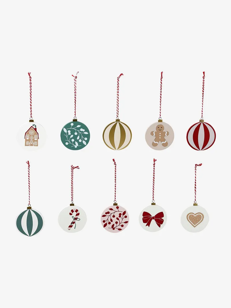Vertbaudet Set aus 10 flachen Weihnachtskugeln aus Holz MOONY, Rot bedruckt, – Produktbild 3 von 3