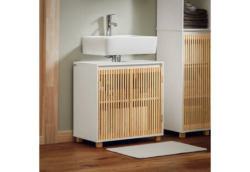 SoBuy Waschbeckenunterschrank BZR125 Badezimmerschrank Waschtisch Unterschrank Badmöbel Weiß-Natur, Weiß, – Produktbild 3 von 5