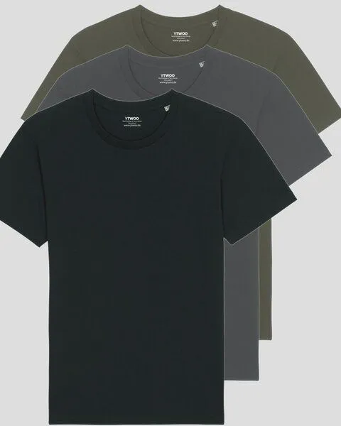 YTWOO YTWOO 3er Pack Basic Unisex T-Shirt aus Bio Baumwolle | viele Farbkombinationen | Fair Trade | Nachhaltig, Antharzit-schwarz-khaki, – Produktbild 1 von 3