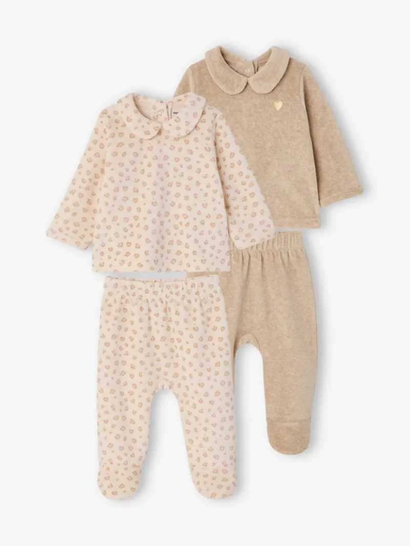 Vertbaudet 2er-Pack Baby Samt-Schlafanzüge, Pack beige meliert leo, – Produktbild 1 von 4
