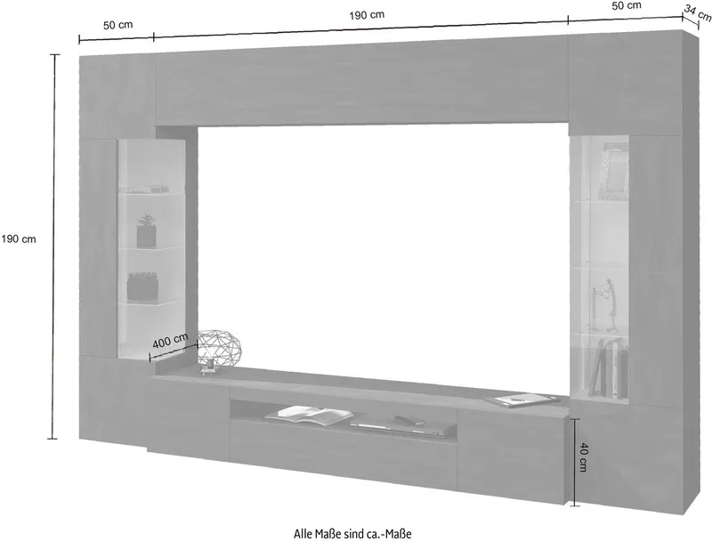 OTTO home Wohnwand New Egypt, (4-St., Breite 290cm), bestehend aus 2 Stauraumvitrinen, 1 Lowboard, 1 Hängeschrank, Grau, – Produktbild 5 von 5