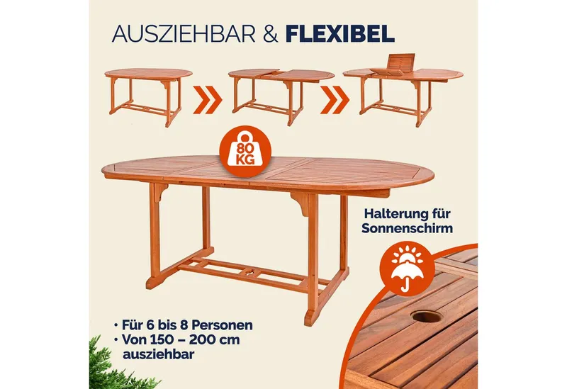 Casaria® Casaria® Gartentisch ausziehbar 150‑200cm Eukalyptusholz wetterfest Schirmhalter, Braun, – Produktbild 4 von 7