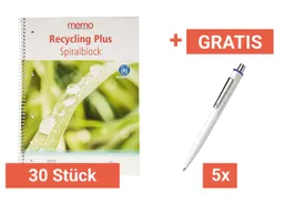Memo 30 Stk. memo Spiralo A4 kariert 80 Blatt RC-plus+Gratis 5 Stk. Schneider 'K3 Biosafe' blau – Produktbild 1 von 1