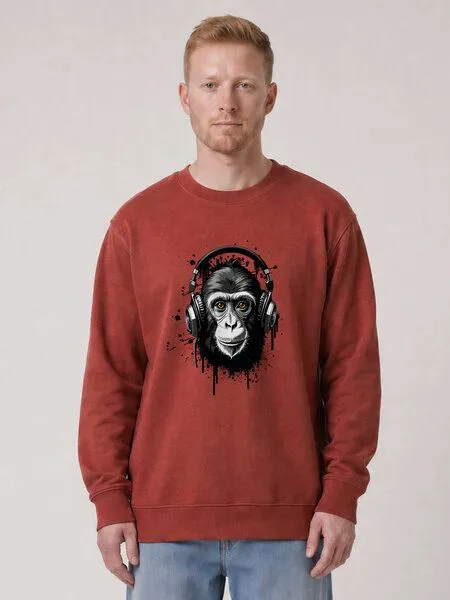 watapparel watapparel Sweatshirt Unisex Affe hört Musik, Earthy red, – Produktbild 2 von 2