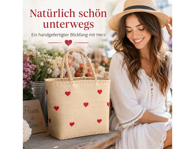 RICE RICE Basttasche Rice Raffia Tasche mit Herz Design, handgefertigt, Natur/Rot (1-tlg., Raffia Tasche), Beige|goldfarben, – Produktbild 4 von 5