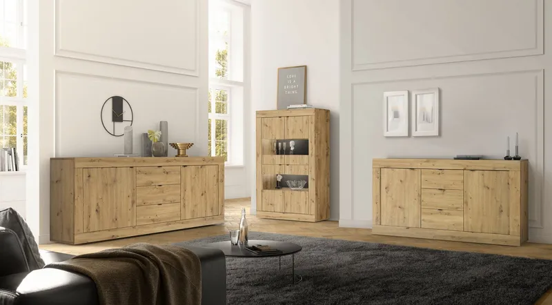 Home affaire Vitrine Basic Höhe 162 cm, Standvitrine mit 4 Türen - Metallgriffe, Stauraumvitrine in moderner Rahmenoptik, Hochschrank, Anrichte, Beige, – Produktbild 4 von 5