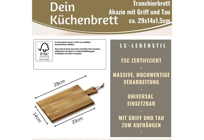 LS-LebenStil Schneidebrett Holz Griffbrett Servierbrett 29cm Akazie Rechteckig Frühstücksbrett, Holz, (Servierbrett Brotschneidebrett Vesperbrett, 1-St., Käsebrett Hackbrett Holzbrett), Wurstbrett Chopping Board Fleisch Steak Küche groß, Braun, – Produktbild 1 von 5