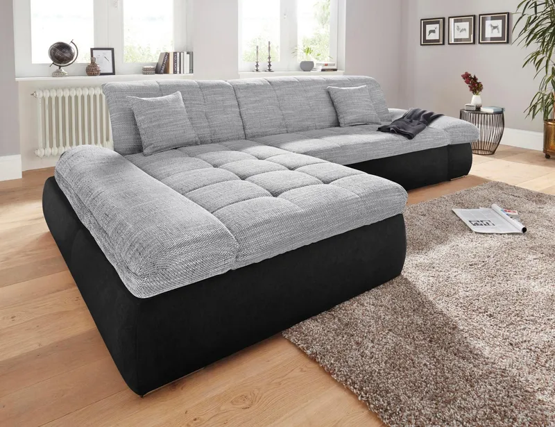 DOMO collection Ecksofa PB MORIC wahlweise mit Bettfunktion + Armteilverstellung, L-Form, im XXL-Format, B/T/H:300/172/80 cm, feine Steppung, Schwarz|silberfarben, – Produktbild 6 von 7