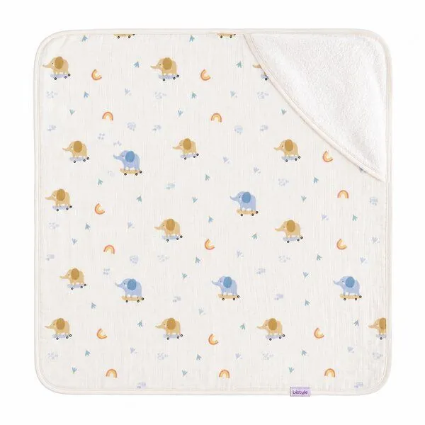 Bebekevi Bebekevi Baby Kapuzenbadetuch 75 × 75 cm aus Musselin & Frottee | Weiche Musselin-Innenseite | inkl. Waschhandschuh | Gemustert, Naturweiß elefant, – Produktbild 1 von 4