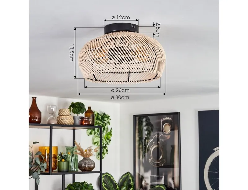 hofstein Deckenleuchte moderne Deckenlampe aus Metall/Bambus in Schwarz/Natur/Dunkelbraun, ohne Leuchtmittel, Deckenleuchte, Lichteffekt, Ø 30cm, 3xE27, ohne Leuchtmittel, Beige|schwarz, – Produktbild 4 von 5