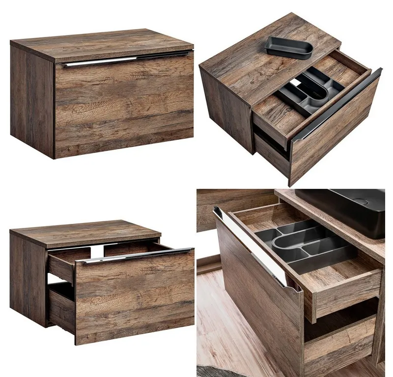 Lomadox Badmöbel-Set PUEBLA-56, (Spar-Set, 2-St), Eiche Doppelwaschtisch Waschbecken LED-Spiegelschränke 140,4/200/46 cm, Braun, – Produktbild 3 von 4