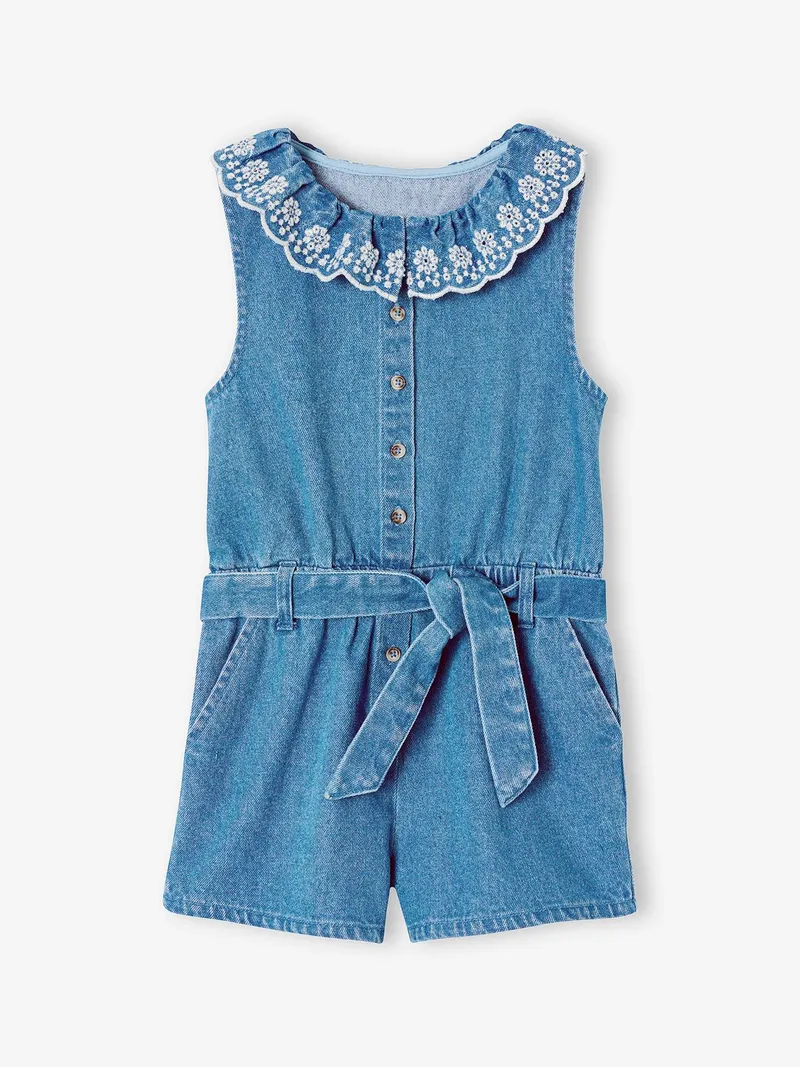 Vertbaudet Kurzoverall Denim bestickter Kragen Mädchen, Blue stone, – Produktbild 2 von 4