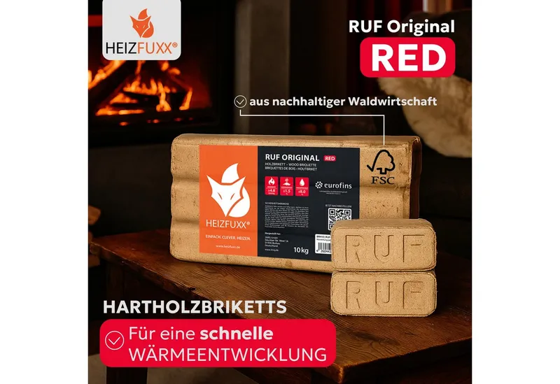 HEIZFUXX Holzbriketts RUF Red Holzbriketts Hartholz, 300 kg, (Palette, 30-St) – Produktbild 2 von 5