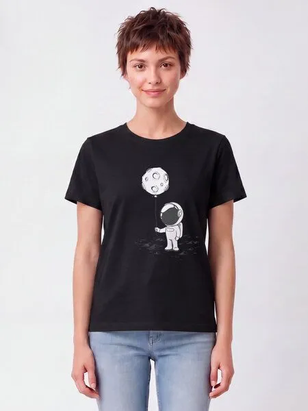 watapparel watapparel T-Shirt Frauen Kleiner Astronaut mit Luftballon, Black, – Produktbild 2 von 2
