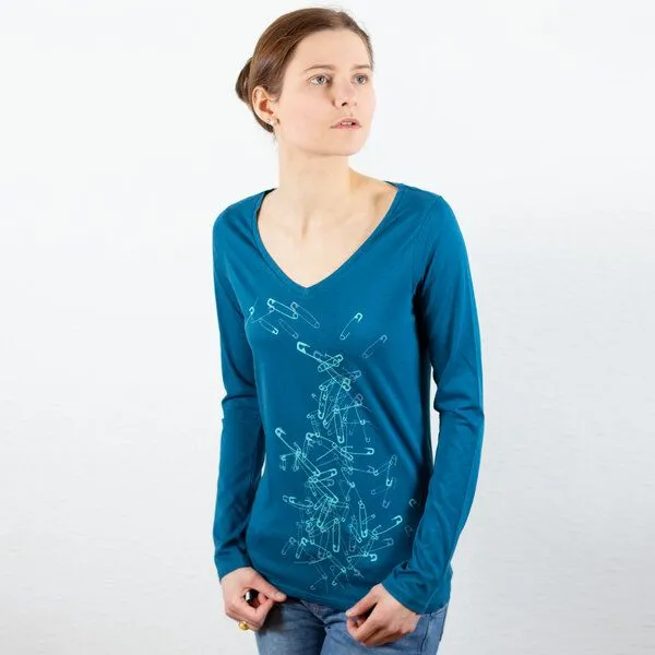 Spangeltangel Spangeltangel Langarmshirt "Sicherheitsnadeln", Damenshirt, Siebdruck, Biobaumwolle, Blau, – Produktbild 3 von 3