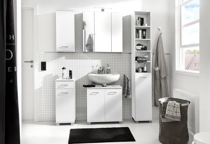 Schildmeyer Waschbeckenunterschrank Breite/Höhe: 59,8/62,4 cm, Badschrank mit Doppeltür, Zwischenboden, Weiß, – Produktbild 1 von 5