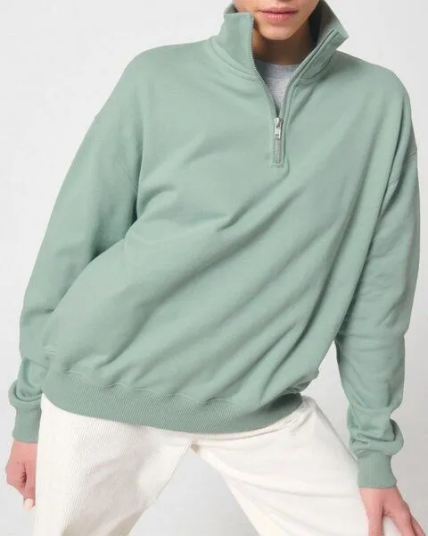 YTWOO YTWOO Oversized Sweatshirt mit kurzem Reißverschluss aus reiner Bio-Baumwolle; Unisex Troyer, Hellgrün, – Produktbild 4 von 4