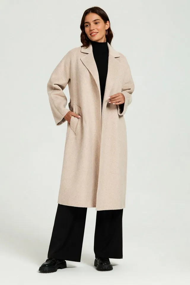 FS Collection Langmantel Damen Oversize-Mantel Langmantel aus Wollgemisch Beige S-XL Bindegürtel, Seitentaschen, handgefertigt, ungefüttert – Produktbild 2 von 4