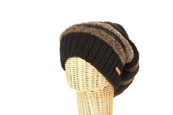 short'n'pietz short'n'pietz Schurwollmütze gestreift, handgestrickt, Schwarz antikbraun, – Produktbild 1 von 3
