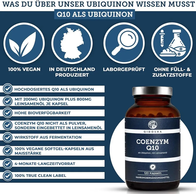 QIDOSHA Coenzym Q10 (Ubiquinon) mit Leinsamenöl Kapseln, 120 St., 174 g, Fermentiertes Coenzym Q10 – Produktbild 4 von 5