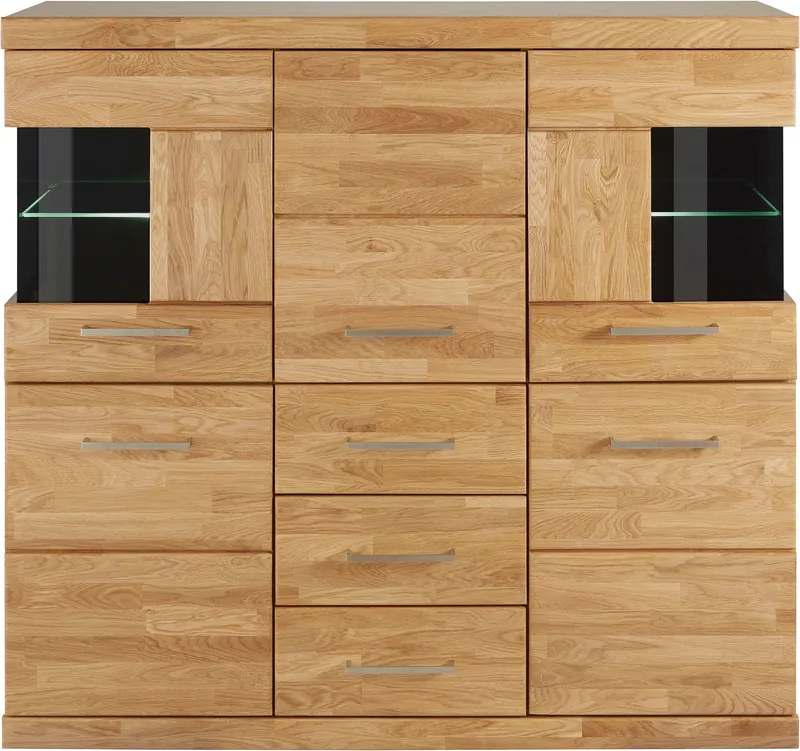 OTTO home Highboard Ribe,125cm breit,115cm hoch, Fronten Massivholz,5Türen,3 Schubladen, Holz massiv, Holzwerkstoff, Metall Griffe,10Fächer, Böden versetzbar, Braun, – Produktbild 8 von 8