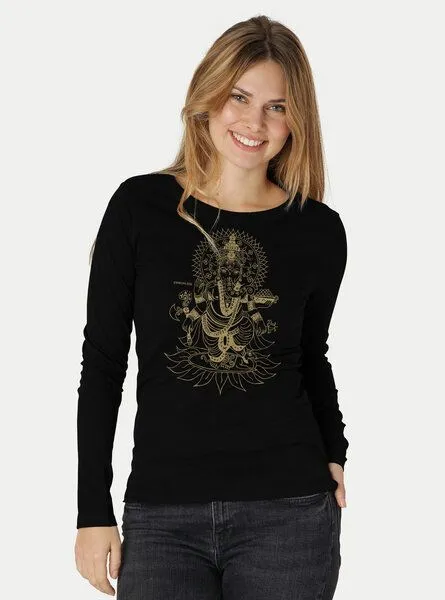 Peaces.bio - handbedruckte Biomode Peaces.bio - handbedruckte Biomode Bio-Damen-Langarmshirt Ganesha, Schwarz, – Produktbild 1 von 2