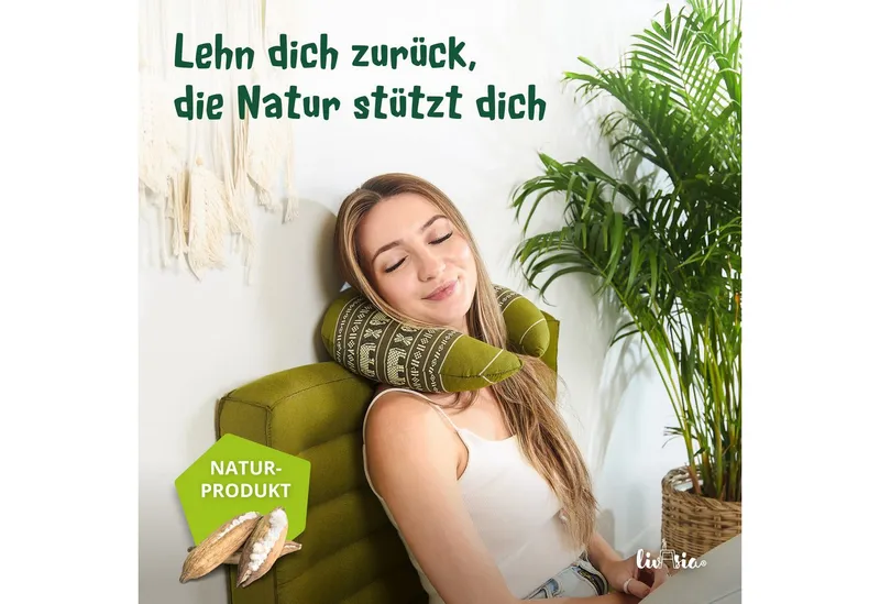 livasia Nackenhörnchen Reisekissen - 24x28x7cm, Kapok, vegan, handgefertigt, Grün, – Produktbild 2 von 5