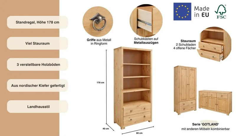 OTTO home Standregal Gotland, Breite 80 cm, Höhe 178 cm, aus massiver Kiefer, FSC®, Beige, – Produktbild 1 von 5
