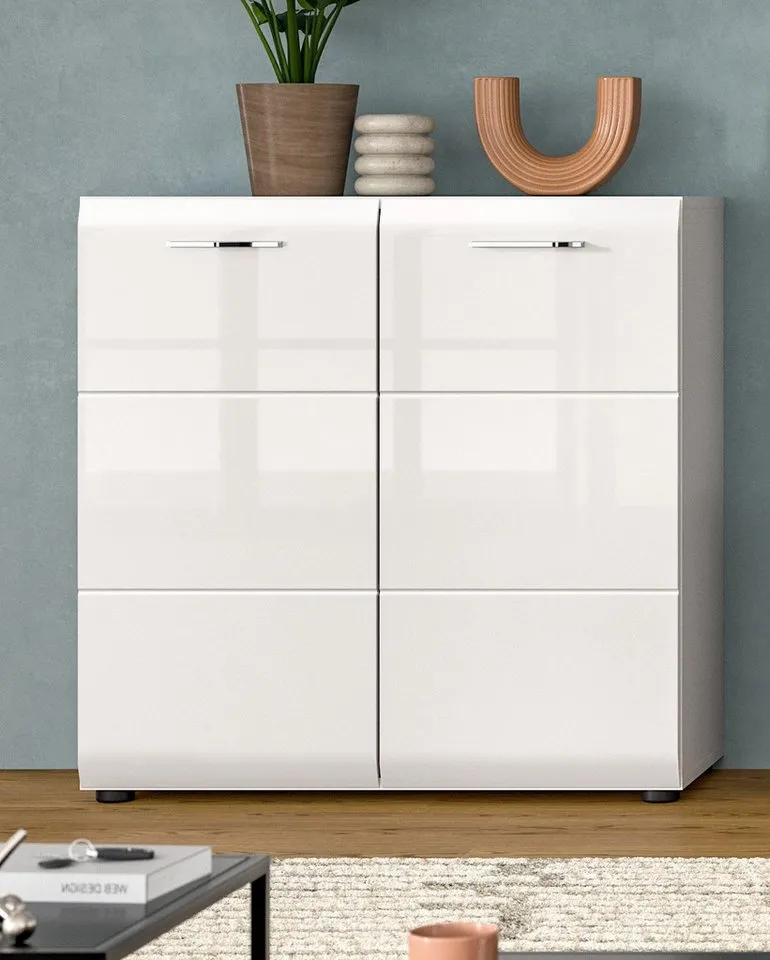 Inn.Furn Kommode Cover (Sideboard in Weiß Hochglanz, 2-türig, 80 x 81 cm), 3 große Staufächer, Weiß, – Produktbild 5 von 5