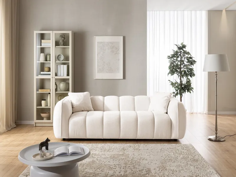 S-Style Möbel Sofa 3-Sitzer Nubira in tief gesteppter Bubble-Optik aus Strukturstoff, mit modernem Design und Wellenfederung, Beige, – Produktbild 5 von 5