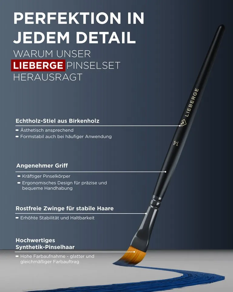 LIEBERGE Malpinsel Premium Set – 12 Pinsel für Acryl, Aquarell, Öl, inkl. Präsenter, (Set, 12 St., Pinselpräsenter, Flachpinsel, Fächerpinsel, Rundpinsel, Schrägpinsel), Synthetikhaar, vegan, langlabig, hohe Farbaufnahme, Anfänger, Profis, Schwarz, – Produktbild 5 von 5