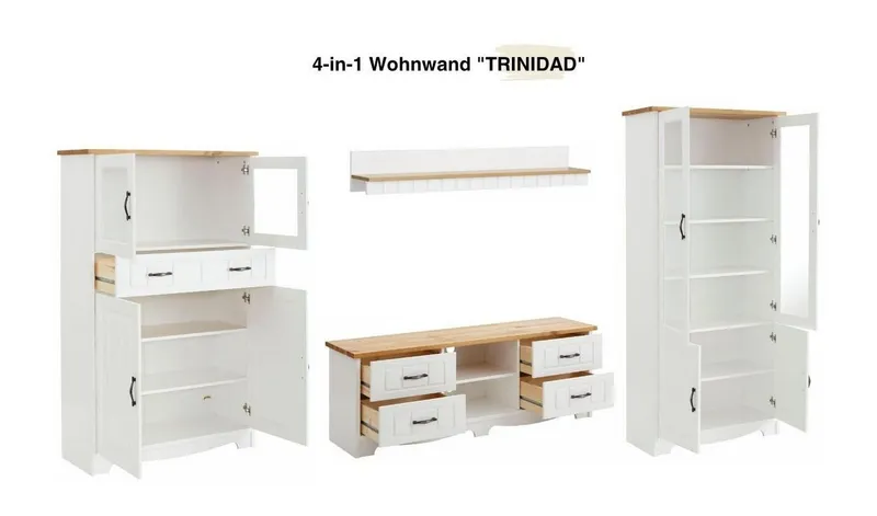 OTTO home Wohnwand Trinidad, (Set, 4-St), Set aus 1 Vitrine, 1 Lowboard, 1 Highboard, 1 Wandboard, Weiß, – Produktbild 4 von 5