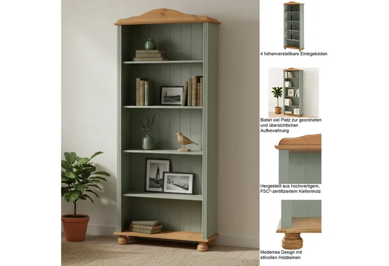 OTTO home Regal Mette Bücherregal mit 5 offenen Fächern, aus massivem Kiefernholz, in unterschiedlichen Größen und Farben, Beige|braun, – Produktbild 3 von 5