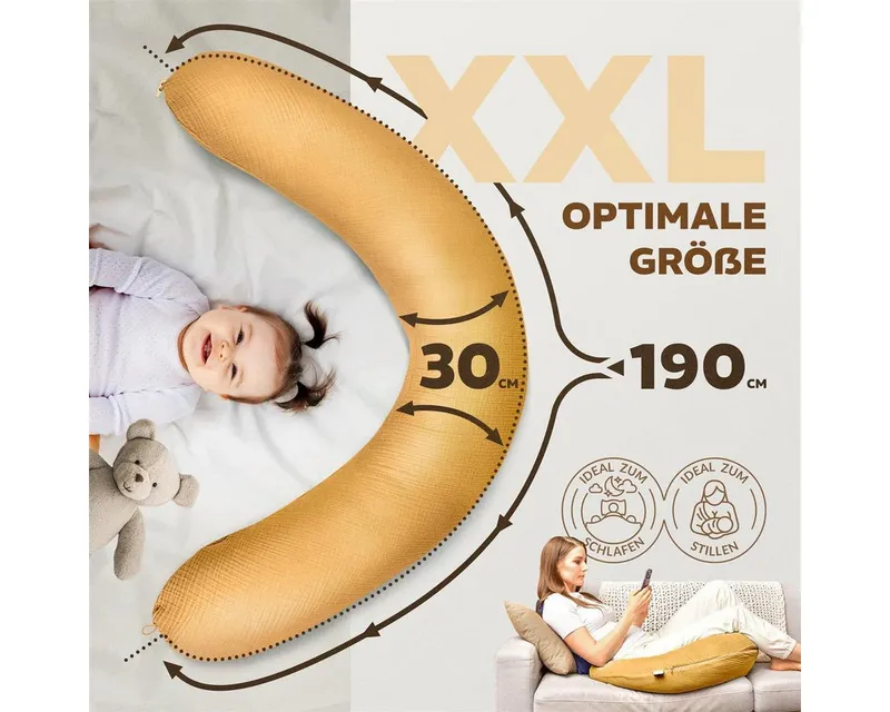SEI Design Stillkissen Seitenschläferkissen XXL Babynest - Baby Erstausstattung Neugeborene, Schwangerschaftskissen 190x30 cm, Schwangerschaftskissen mit Bezug, Musselin Bezug 100% BIO Baumwolle, Gelb, – Produktbild 4 von 5