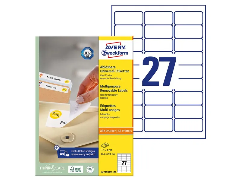 Avery Zweckform 2.700 Avery Zweckform Universaletiketten 63,5 x 29,6 mm, A4, wiederablösbar – Produktbild 1 von 1