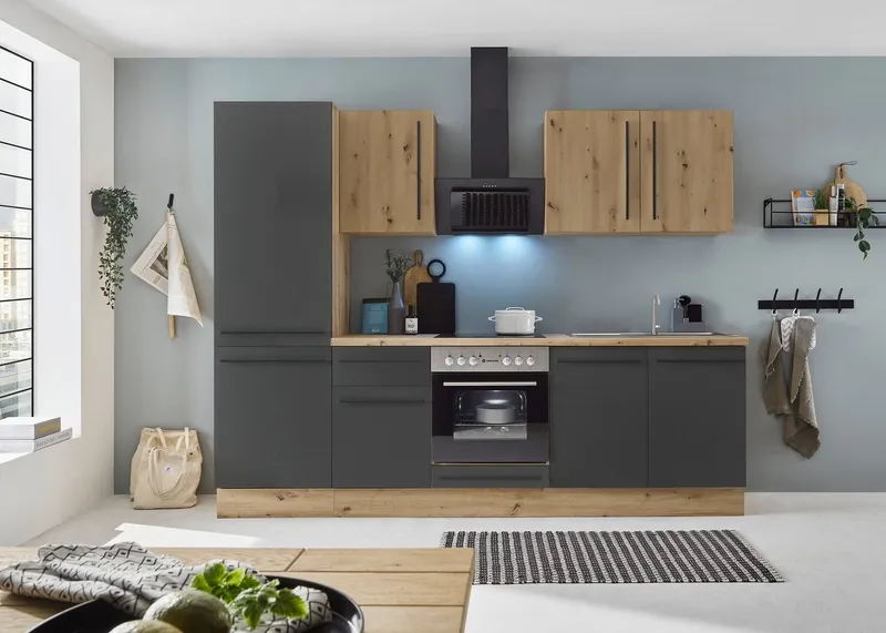 KOCHSTATION Küchenzeile KS-Florida mit 38mm starker Arbeitsplatte, Breite 270 cm, wahlweise mit E-Geräten, Soft-Close-Funktion, Schwarz, – Produktbild 1 von 5