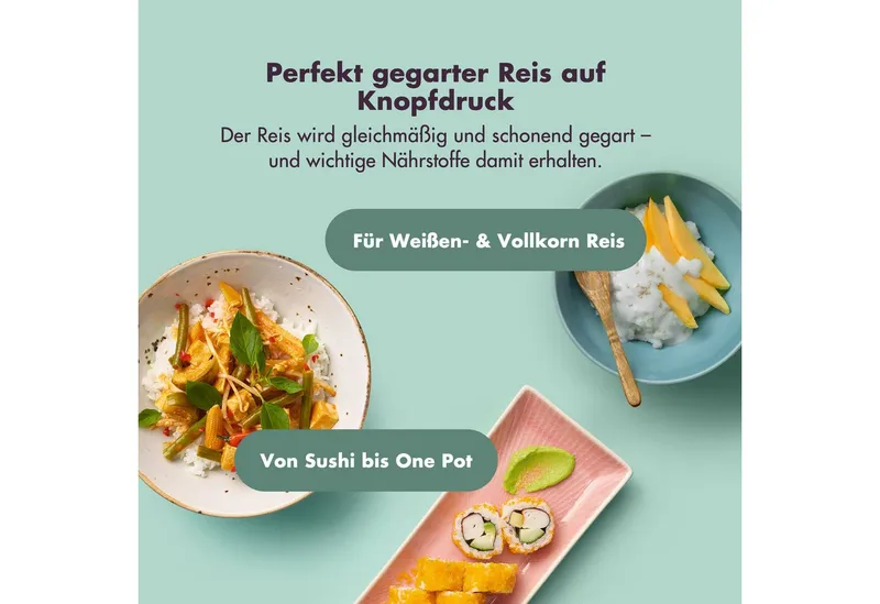 Reishunger Reishunger Reiskocher Digital Mini – 0,6 L – Multikocher – 8 Programme – Keramikbeschichtung, 350 W, Dämpfeinsatz, Messbecher, Reislöffel, Timer- und Warmhaltefunktion, Schwarz, – Produktbild 2 von 6