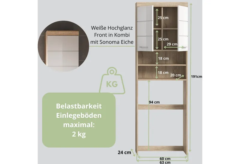 furnling Waschmaschinenumbauschrank Scott 2 offene Fächer, 2 Türen, platzsparend, Badmöbel, Badschrank, Umbau, Beige, – Produktbild 3 von 5