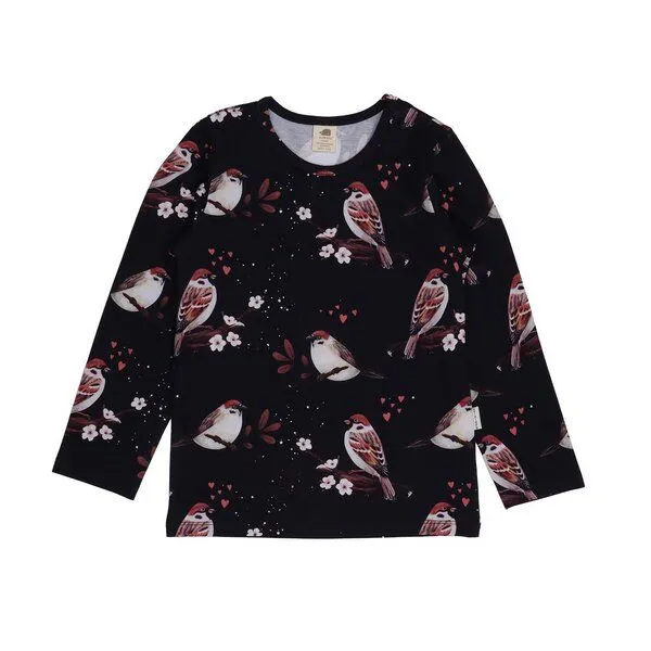 Walkiddy Walkiddy Kinder Langarmshirt GOTS-zertifiziert aus Bio-Baumwolle dunkelblau mit Spatzen-Motiv „Little Sparrows“, Dark blue, – Produktbild 1 von 2