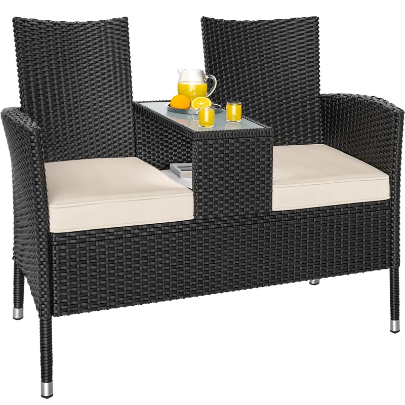 Casaria® Polyrattan Kino Bank Schwarz 145x58x87cm, Schwarz, – Produktbild 1 von 2
