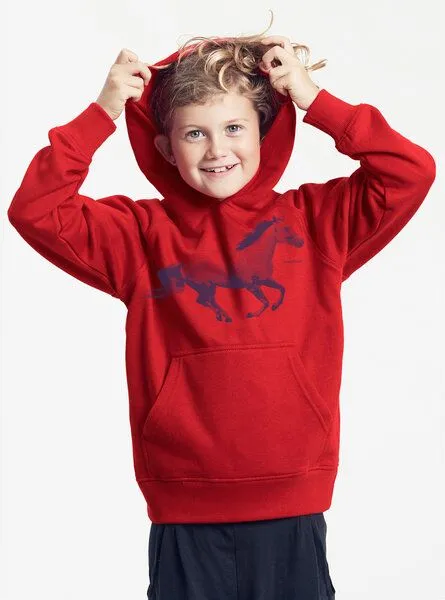 Peaces.bio - handbedruckte Biomode Peaces.bio - handbedruckte Biomode Bio-Kinder-Kapuzen-Sweatshirt "Horsepower", Rot, – Produktbild 2 von 2