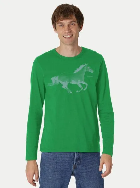 Peaces.bio - handbedruckte Biomode Peaces.bio - handbedruckte Biomode Bio-Herren-Langarmshirt Horsepower, Grün, – Produktbild 1 von 2