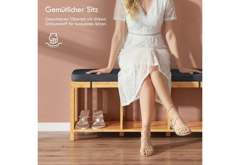HOMCOM HOMCOM Schuhbank Schuhregal mit Stauraum, Sitzbank aus Bambus mit offener Ablage (Flurbank, 1-St., inkl. Sitzkissen), Schuhbank mit Sitzkissen und Stauraum, Beige, – Produktbild 4 von 5