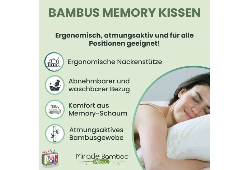 Venteo Naturfaserkopfkissen MIRACLE Bamboo Pillow mit Bambusfaserbezug, Füllung: viskoelastischer Schaum, Bezug: Bambusfaser, Spar-Set, 1er oder 2er Set, für Allergiker geeignet, Temperaturregulierend, Weiß, – Produktbild 3 von 5