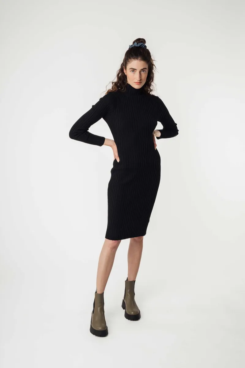 MELA MELA Damen vegan Kleid Rippenstrick Shivani Schwarz, Schwarz, – Produktbild 2 von 2