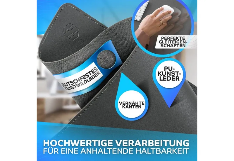 MAXLVL Gaming Mauspad Schreibtischunterlage - Mauspad mit Vernähte Kanten - abwaschbar (80x40 cm, Schreibtisch Unterlage für Büro), Tischunterlage Schreibtisch aus PU-Leder, Grau, – Produktbild 4 von 8
