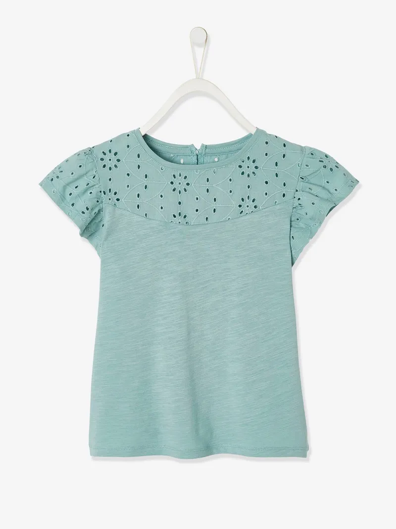 Vertbaudet Mädchen T-Shirt mit Volantärmeln und Lochstickerei, Hellgrün, – Produktbild 1 von 3